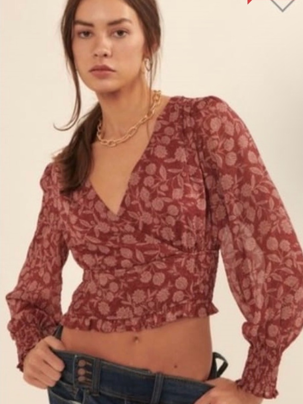 Promesa Floral V-Neck Long-Sleeve Crop Top - Rust Pink S/M/L